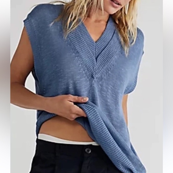 Free People Sweaters - Free People - Hannah Oversized double v-neck sleeveless sweater. Blue. Size XS